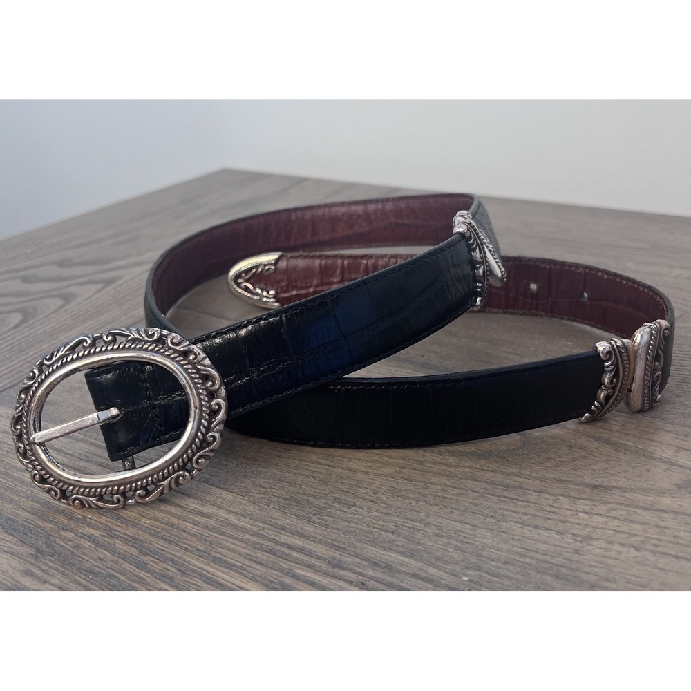 VTG Brighton Reversible Croc Embossed Leather Belt Black Brown Silver Buckle XL - Picture 2 of 7